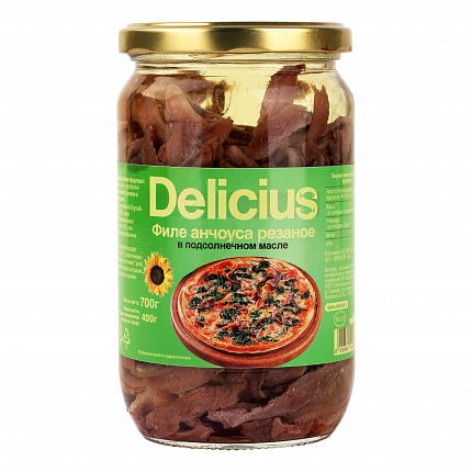 Филе анчоуса  в подсолнечном масле резанное, Delicius (0,700кг)