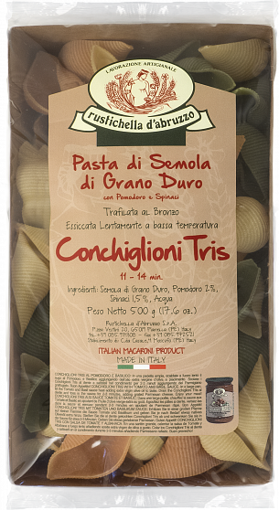 Паста без яиц с томатом и шпинатом Конкильони Трис, Rustichella d'Abruzzo (0,500кг)